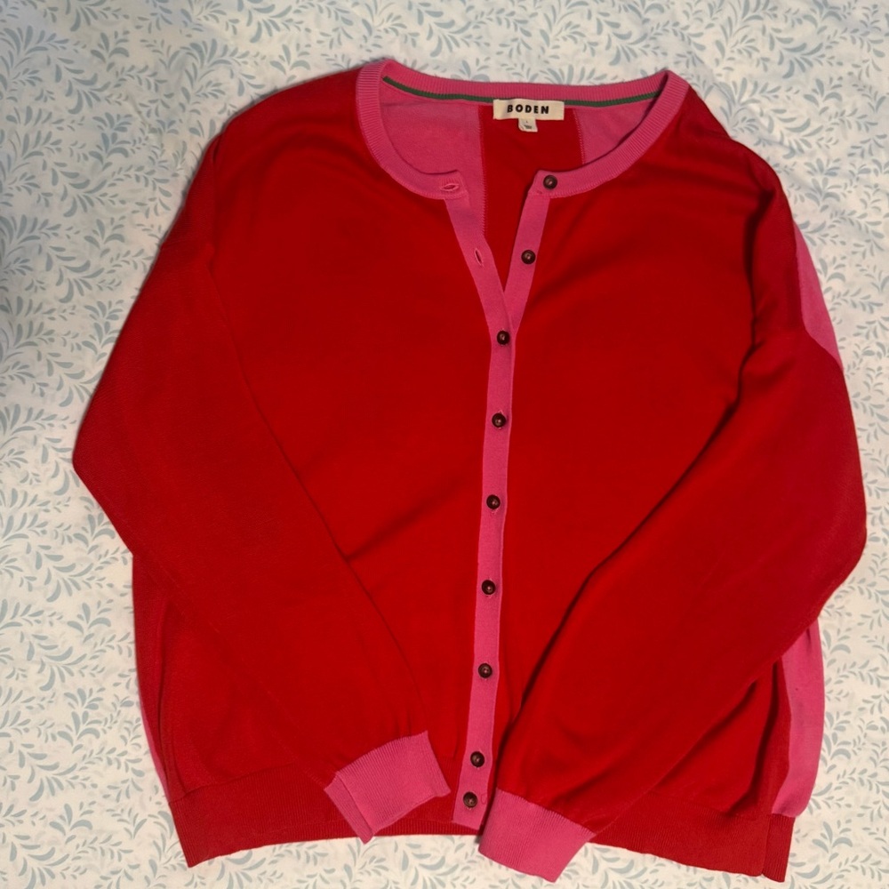 Boden Red Cardigan with Pink Trim Button-Front Sweater